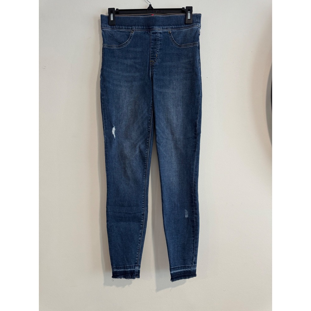 Spanx Skinny Jeans Women Small Blue Distressed Frayed Hem Pull On High Rise